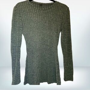 SHEIN Ribbed Knit Split Hem Long Sleeve, Olive Green, Size M